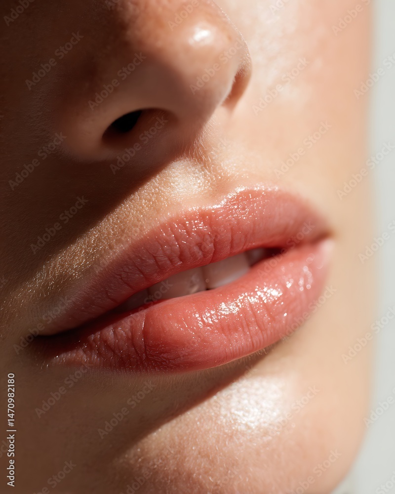 Fototapeta premium Close-up of a young woman gently biting her lip. Moist, healthy lips with a sensual expression.