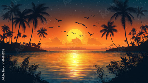 Tropical sunset scene water reflection with palm trees and birds in flight