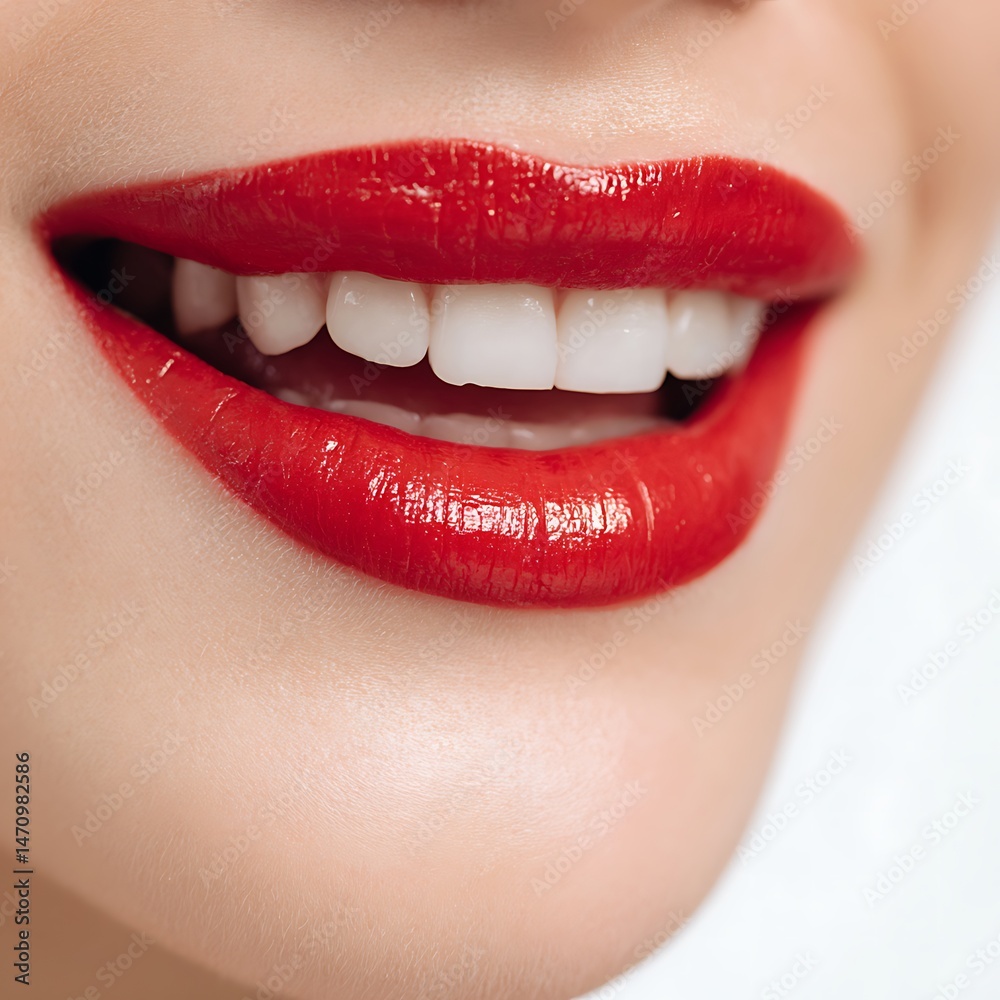 Obraz premium Macro of young woman's lips wearing red lipstick, smiling.