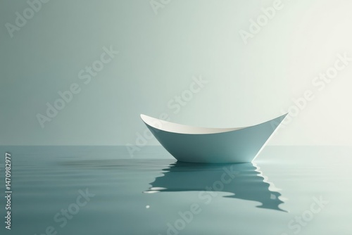 A serene minimalist image depicting a small white vessel afloat on calm waters against a muted backdrop