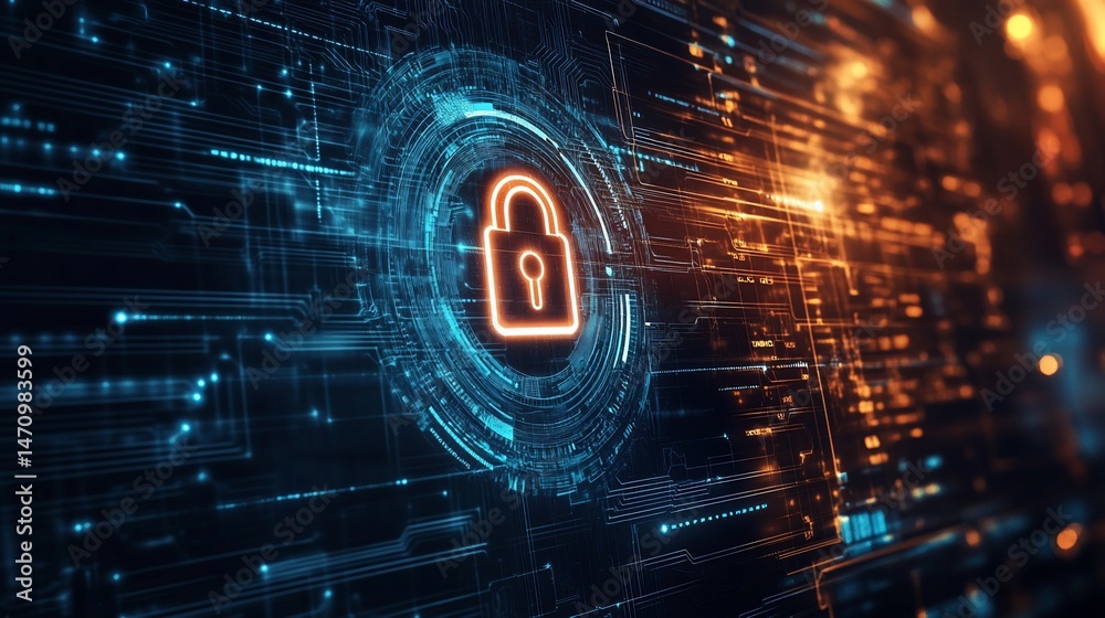 Obraz premium Abstract digital security concept with a glowing padlock against circuit board pattern