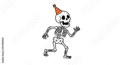 Running skeleton with party hat cartoon illustration