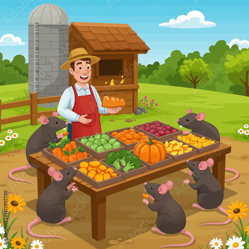 Cartoon Farmer Selling Vegetables and Bread with Mice Around Table