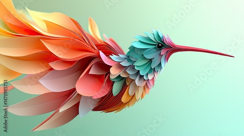 Colorful, abstract hummingbird design with papery wings.