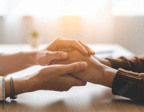 Warm sunlit close-up of compassionate hands holding each other across wooden table, symbolizing support, connection, and emotional comfort.