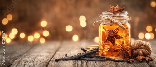 Aromatic spices and vanilla in a glass jar. photo