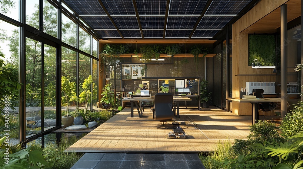 Fototapeta premium Modern Office Space with Solar Panels and Lush Indoor Plants in a Natural Light Setting