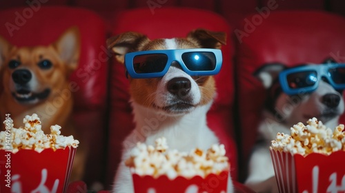Dogs in 3D glasses enjoying popcorn at a movie theater.