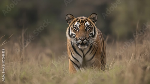 Majestic tiger prowling in a serene natural landscape.