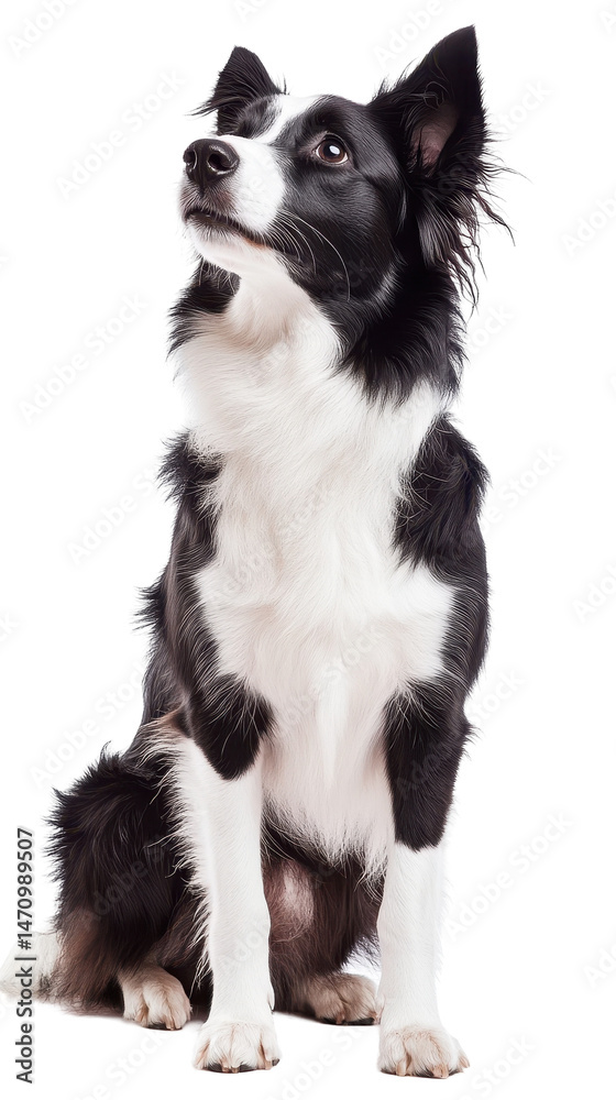 Fototapeta premium A curious black and white border collie looking upward. transparent background