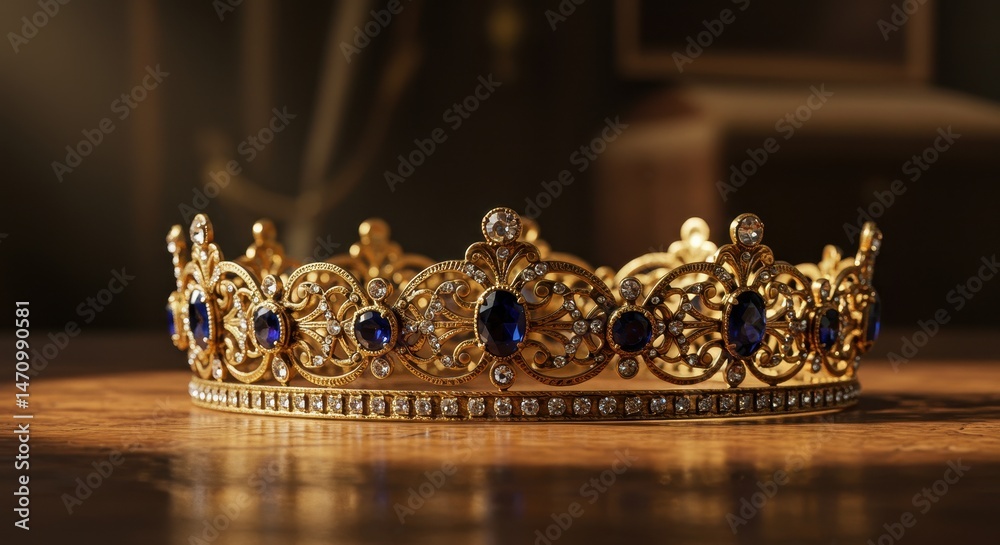 Obraz premium Dramatic Product Shot of Golden Royal Crown with Blue Gemstones on a Wooden Surface