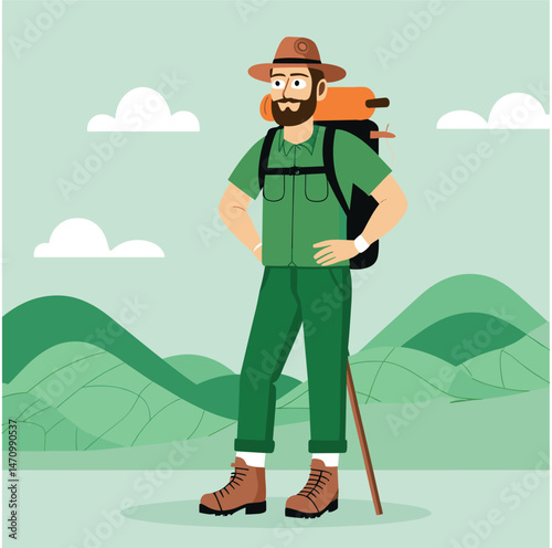 A cheerful bearded hiker with a hat, backpack, and trekking pole standing in a hilly landscape.
