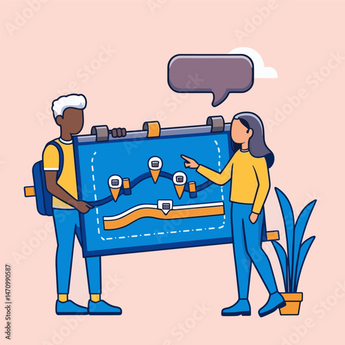 Two people looking at a large map spread out on a stand, with location markers and a speech bubble.