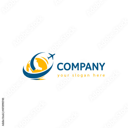 A stylized logo with a globe, a plane circling it, and the text "COMPANY" with a slogan area