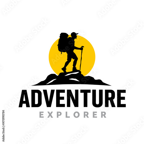 A silhouette of a hiker with a backpack and trekking poles on a mountain peak, with the text "ADVENTURE EXPLORER."