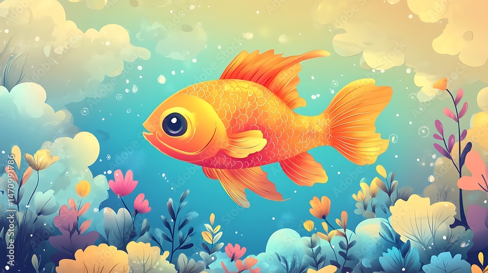 Fototapeta premium Smiling fish in colorful underwater scene
