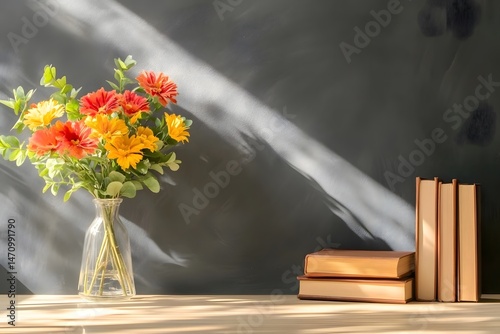 A serene scene features a glass - vase with colorful flowers on a wooden table. Beside it, a stack of books lies under soft, streaming sunlight against a dark green background.  photo