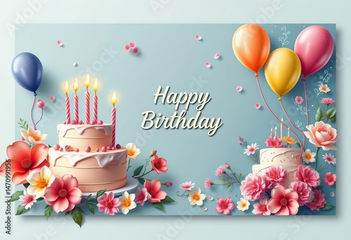 Elegant birthday card designs featuring cakes, balloons, flowers, and abstract art; ample copy space, invitation, poster