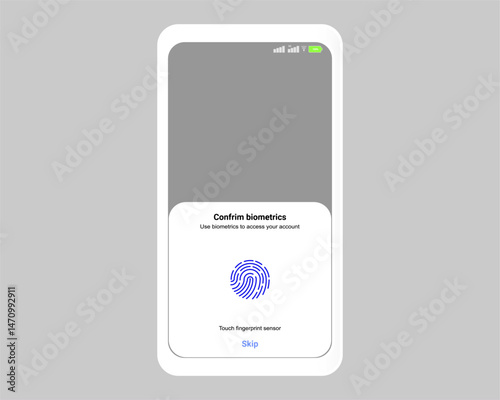 Flat vector illustration of smartphone screen with fingerprint biometric prompt for secure login authentication