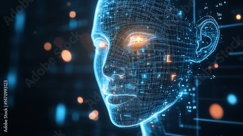 Abstract Digital Representation of a Human Head with Glowing Points and Lines