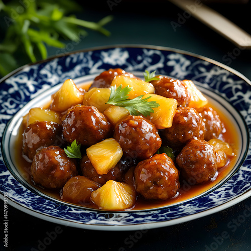 A Sweet and Sour Chinese Style Meatball with Pineapple Slices