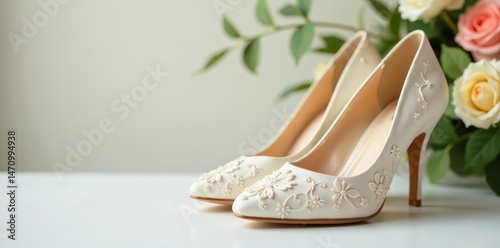 Elegant ivory lace wedding shoes and accessories, wedding day, elegant