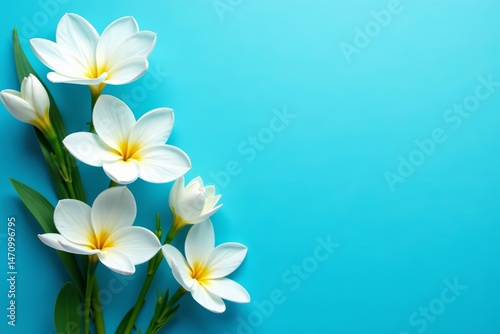 Elegant white flowers arranged artistically on a vibrant blue background, composition, floral