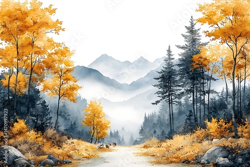 Watercolor painting of an autumnal forest with misty mountains and a flowing path