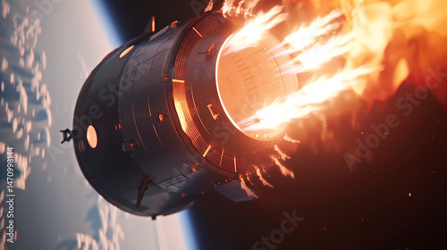 Spacecraft reentering Earths atmosphere with glowing heat shield and fiery plasma trail. Dramatic space exploration, orbital descent, and aerospace technology concepts.