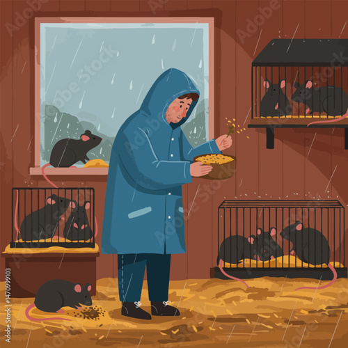Person in Raincoat Feeding Rats in Cages During Rainy Weather