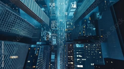 Cityscape at Night: An Aerial View of Skyscrapers and City Streets