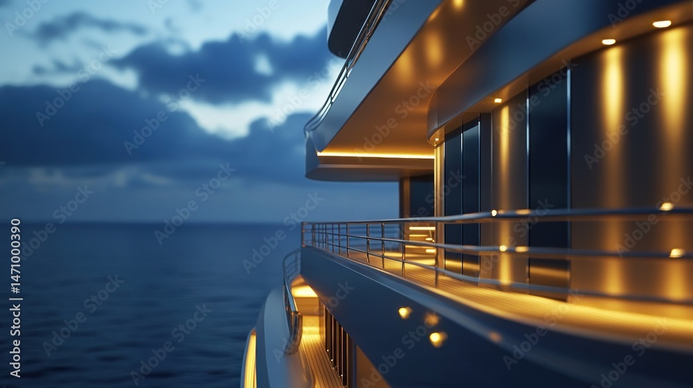 Fototapeta premium Modern yacht gliding over calm ocean at twilight with lights