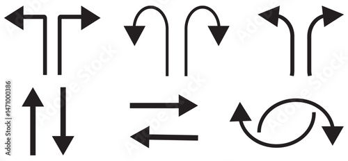 black left turn arrow sign. U-turn direction arrow. Icon for design. Blank, white and black backgrounds - Line icon