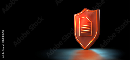 Cyber ​​security, cyber protection and security concept for files and databases, 3D shield on black background with neon lights. Data protection, encryption, IT security, software solution. Vector
