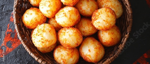 Crispy, golden-brown potato balls in a basket.