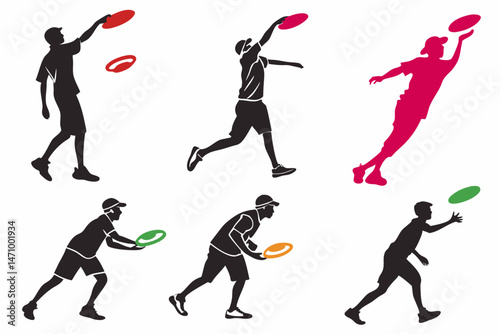 set of Man Throwing Frisbee silhouette vector illustration