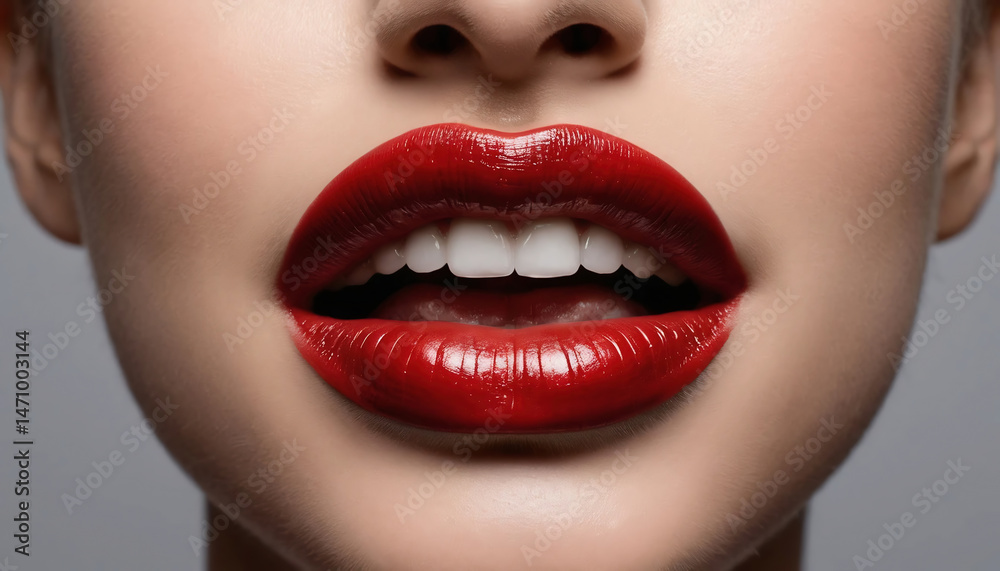 Obraz premium Woman showing white teeth and red lipstick lips closeup