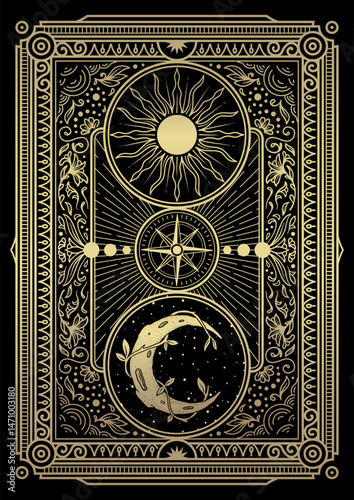 Celestial Sun and Moon with Planets and Compass in Ornate Victorian Galaxy Frame