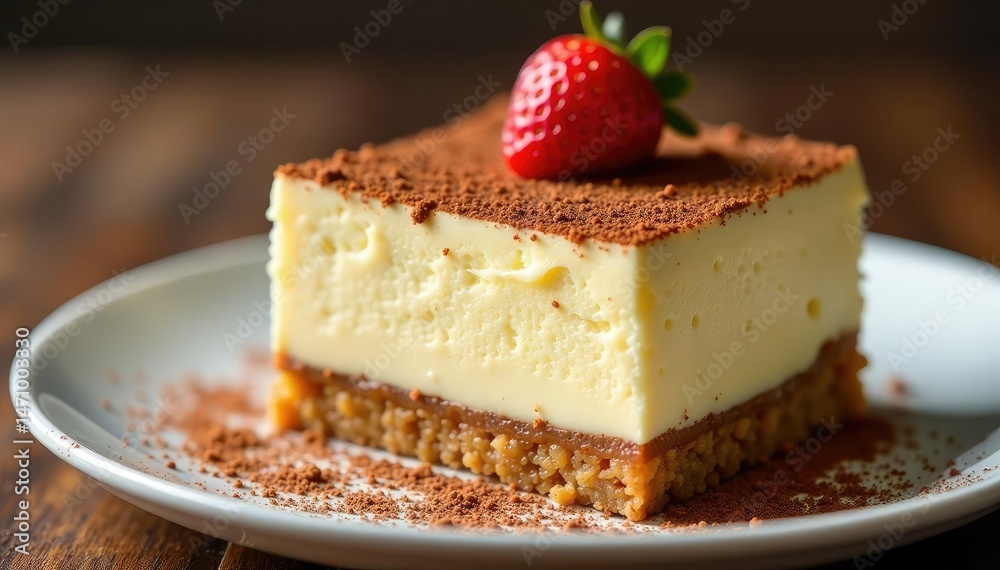 Close-up of single tiramisu portion; rich, creamy texture visible , single serving, cocoa Close-up of single tiramisu portion; rich, creamy texture visible , single serving, cocoa