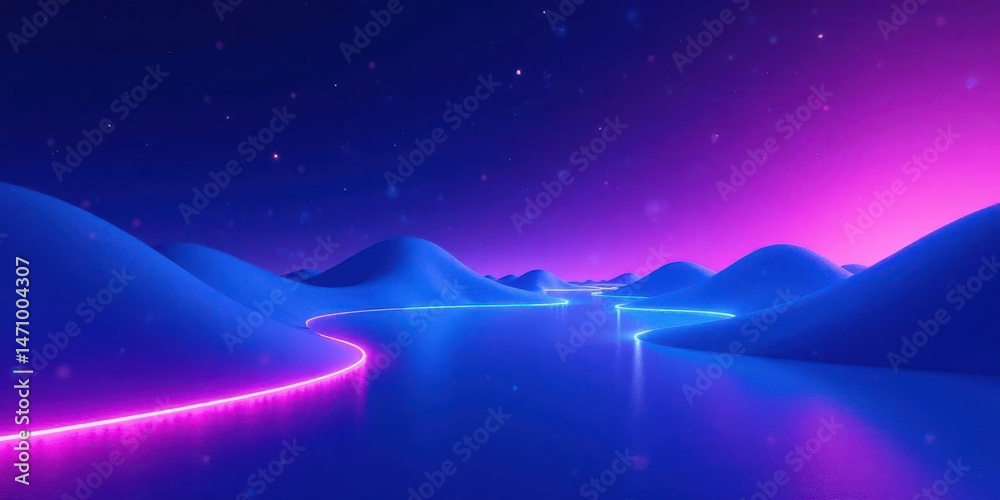 Fototapeta premium Serene Neon Pathway Winding Through a Dreamlike Landscape Under a Starlit Sky
