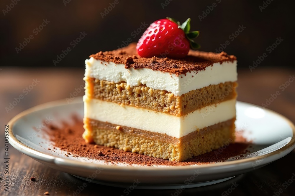 Individual portion of tiramisu, showcasing its texture and layers , white background, pastry, homemade Individual portion of tiramisu, showcasing its texture and layers , white background, pastry, homemade