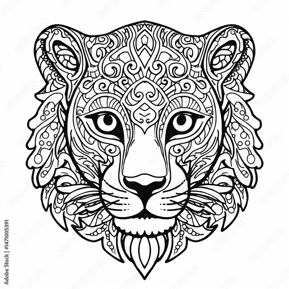 Fototapeta premium Intricate Lion Head Mandala Coloring Page, Detailed Zentangle Art, Black and White Design