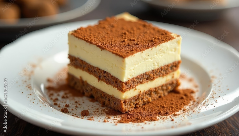 Individual tiramisu portion, dusted with cocoa, showcasing rich texture , yummy, single serving, coffee dessert Individual tiramisu portion, dusted with cocoa, showcasing rich texture , yummy, single serving, coffee dessert