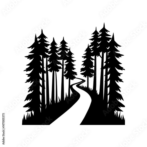 hiking path through forest silhouette on white 