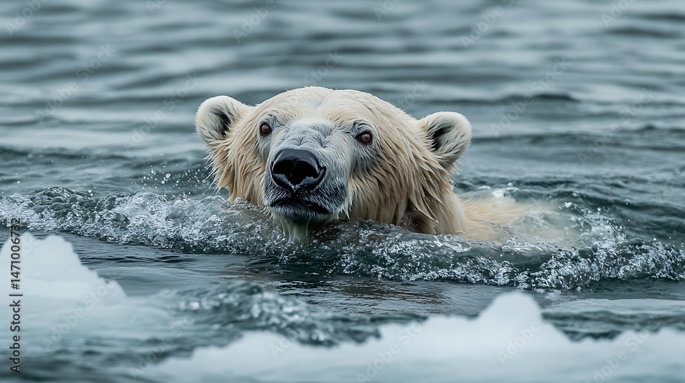 Fototapeta premium A polar bear swimming in the ocean with no ice in sight