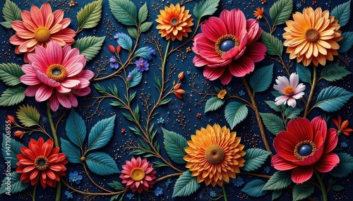 Intricate woven floral tapestry, rich jewel tones, weave, macro, yarn