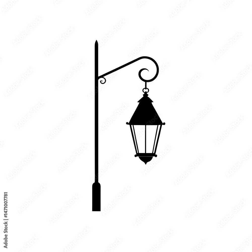 lantern hanging on pole silhouette on white 