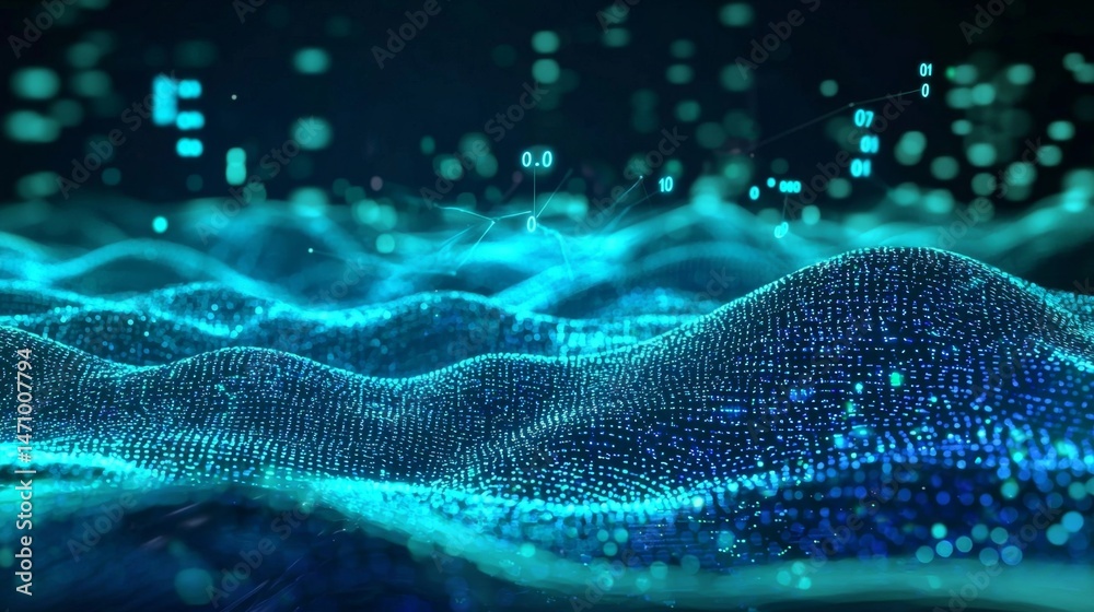 Digital data transfer depicted through flowing binary code across a tech landscape. Digital data transfer depicted through flowing binary code across a tech landscape.