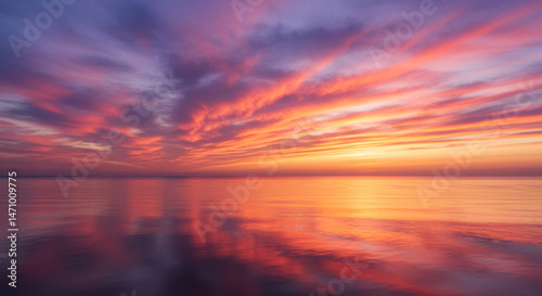 Spectacular sunset over a serene water surface with colorful clouds reflecting