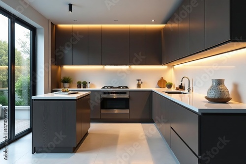 Sleek modern kitchen with stainless steel appliances and minimalist cabinetry , kitchen design, refrigerator, cooking